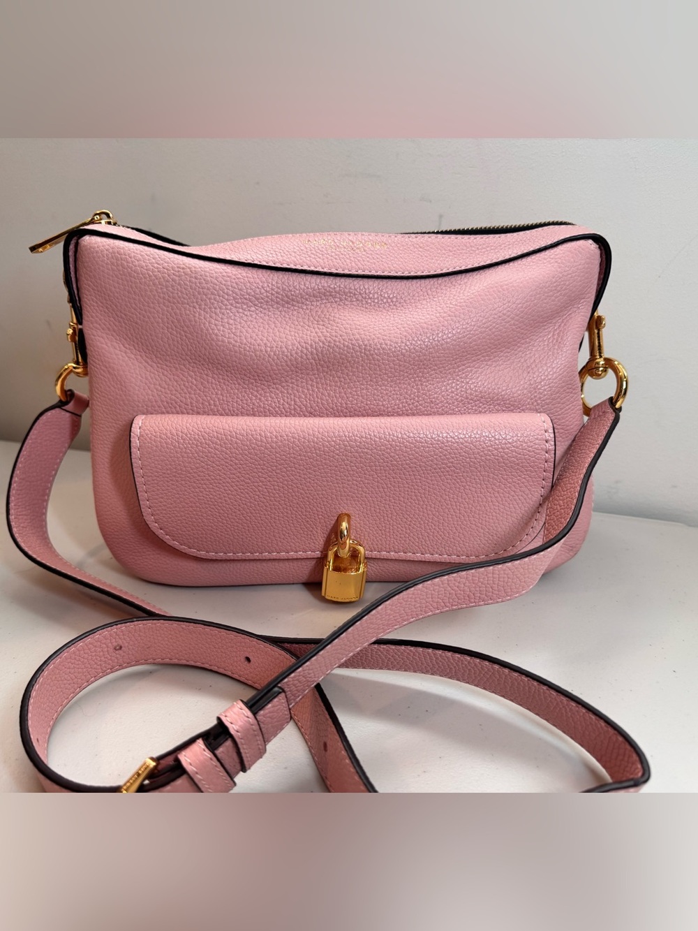 Marc Jacobs Lock That Leather Pink Pebbled Leather Messenger Bag